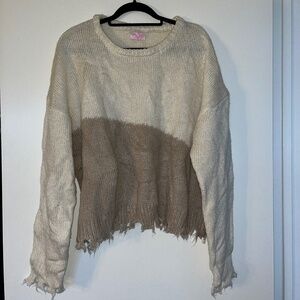 Pink Lily Beige & Light Brown Color Block Distressed Pullover Sweater X Large